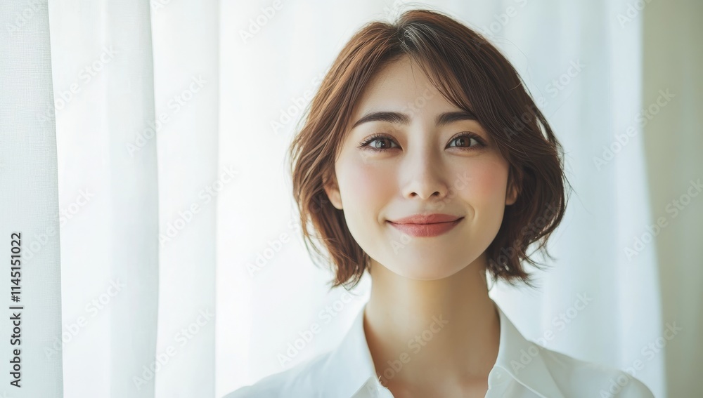 A beautiful Japanese woman with short hair smiles in front of white curtains. A beautiful Japanese woman with short hair smiles in front of white curtains.