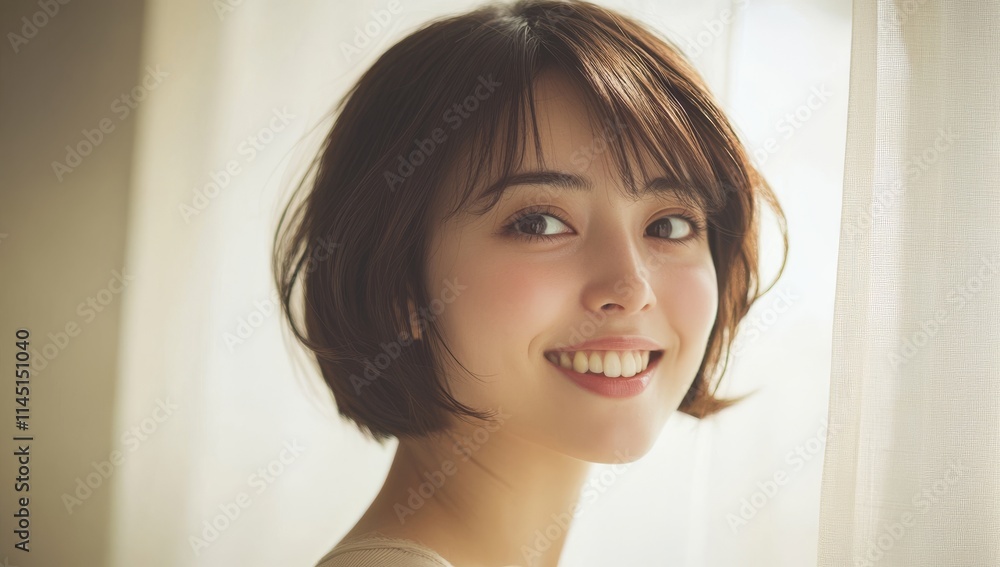 A beautiful Japanese woman with short hair smiles in front of white curtains. A beautiful Japanese woman with short hair smiles in front of white curtains.