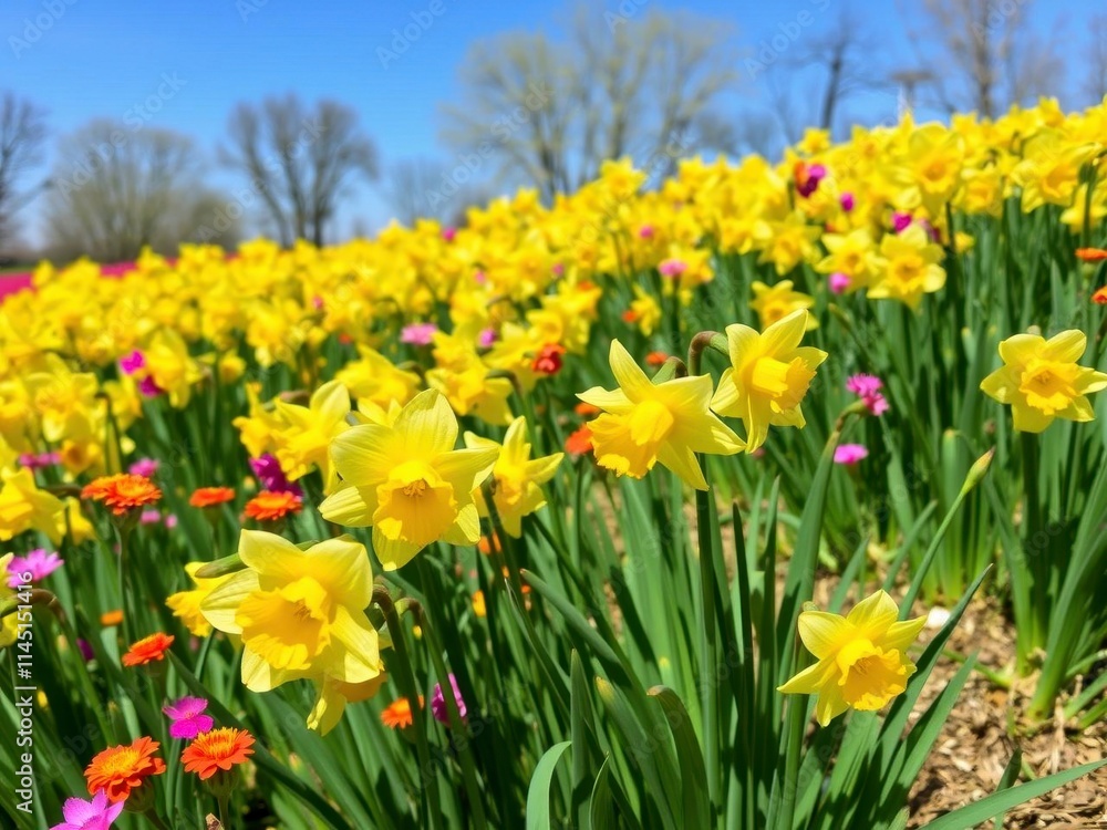 Fototapeta premium Field of vibrant yellow daffodil flowers blooming under the clear blue sky, colorful, vibrant, sunny day