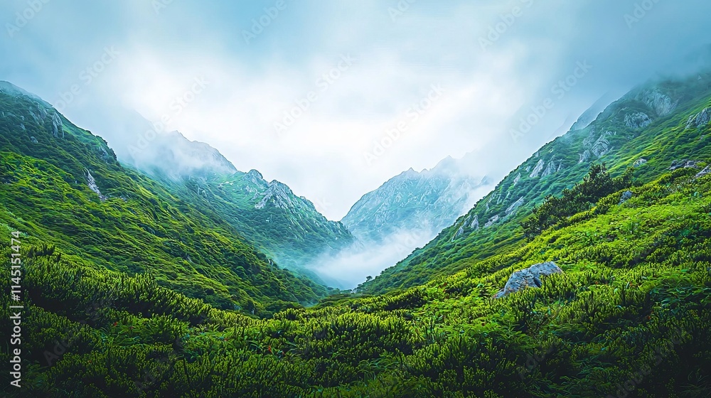Fototapeta premium Lush green valley surrounded by mountains and misty clouds.