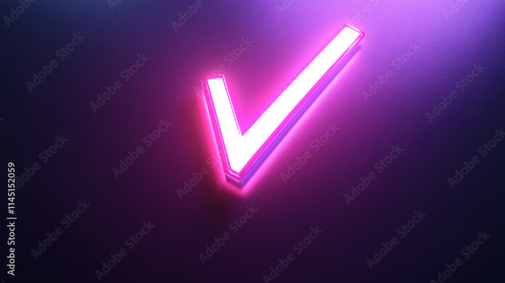 Neon check mark glowing in purple light Neon check mark glowing in purple light
