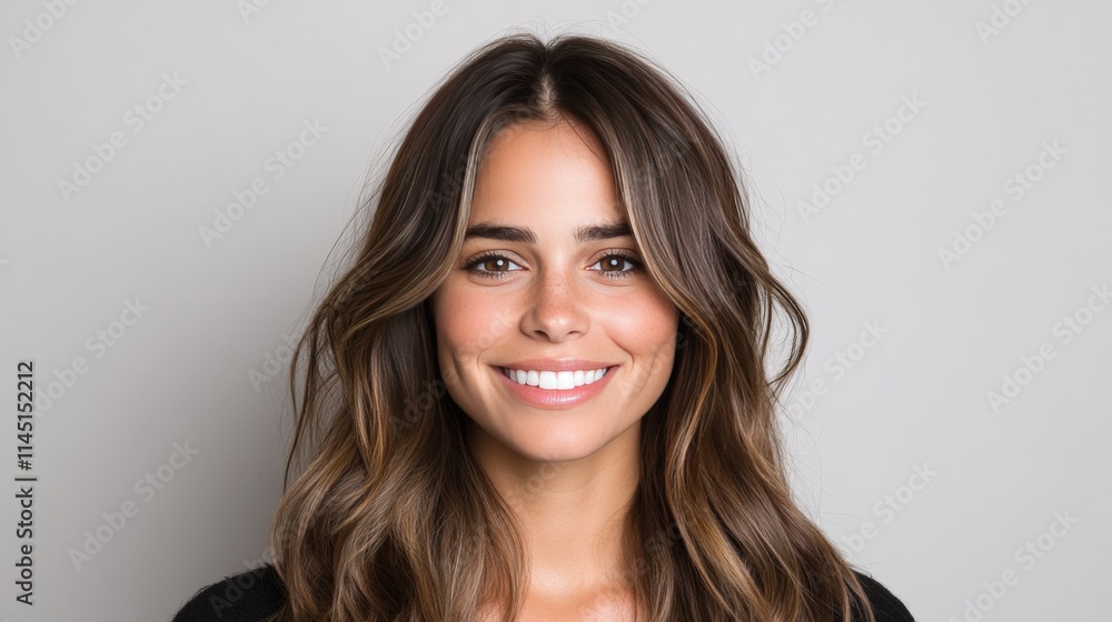 Young woman with flowing brunette hair in a minimalist setting exuding elegance and simplicity surrounded by soft shadows and neutral tones for a serene beauty portrait Young woman with flowing brunette hair in a minimalist setting exuding elegance and simplicity surrounded by soft shadows and neutral tones for a serene beauty portrait