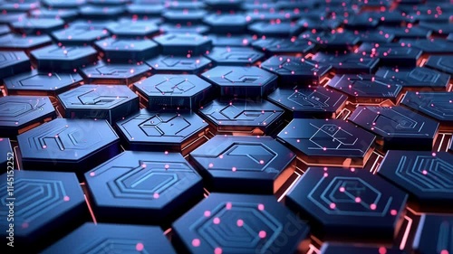 Complex hexagonal network processing big data with glowing lines and nodes, representing data flow and advanced technology in a futuristic and abstract way photo