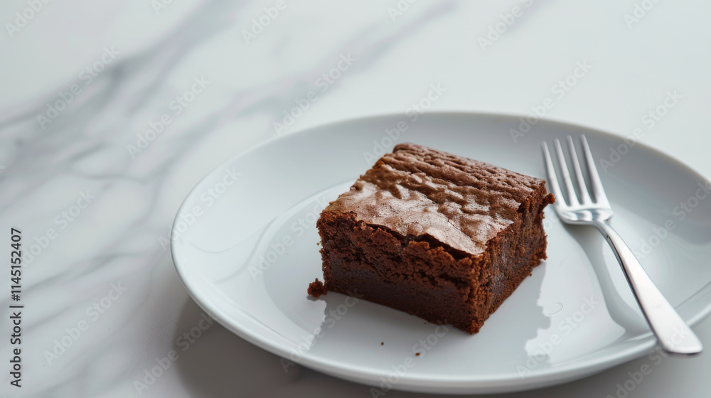 Single brownie square on a white plate with fork Single brownie square on a white plate with fork