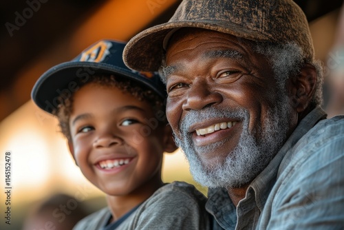 African American grandfather and grandson at baseball game. Enjoying the match. 