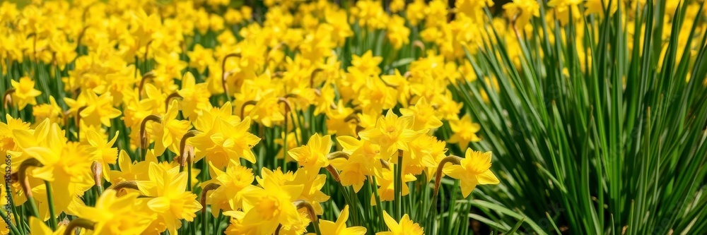 Field of vibrant yellow daffodil flowers blooming in the sunlight, botanical, daffodils Field of vibrant yellow daffodil flowers blooming in the sunlight, botanical, daffodils