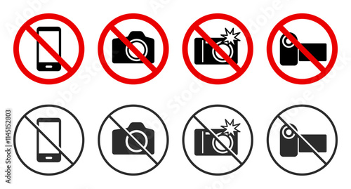 No photography allowed. Do not take pictures with flash. Video recording is prohibited. Restrictive signs with camera icons. Vector clipart