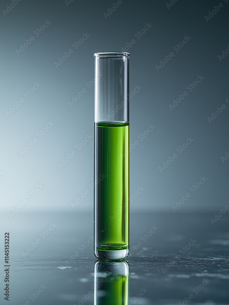 A test tube filled with green liquid on a table. A test tube filled with green liquid on a table.