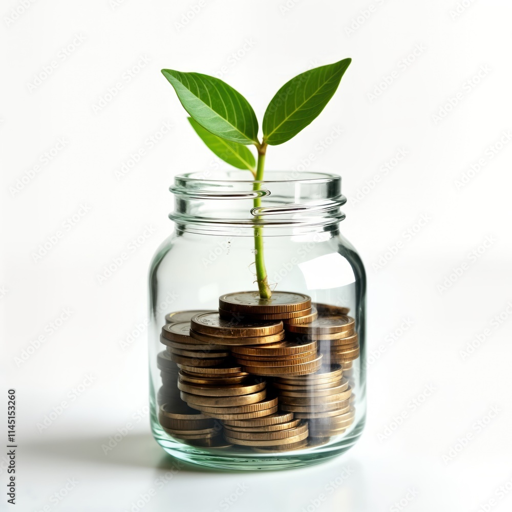 Glass jar filled with coins growing small plant. Investment concept. Money growing. Simple image. Financial growth. Saving money. Isolated on white background. Good for finance, business, investment Glass jar filled with coins growing small plant. Investment concept. Money growing. Simple image. Financial growth. Saving money. Isolated on white background. Good for finance, business, investment