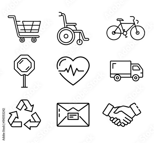 Icon set with shopping cart, wheelchair, bicycle, and more