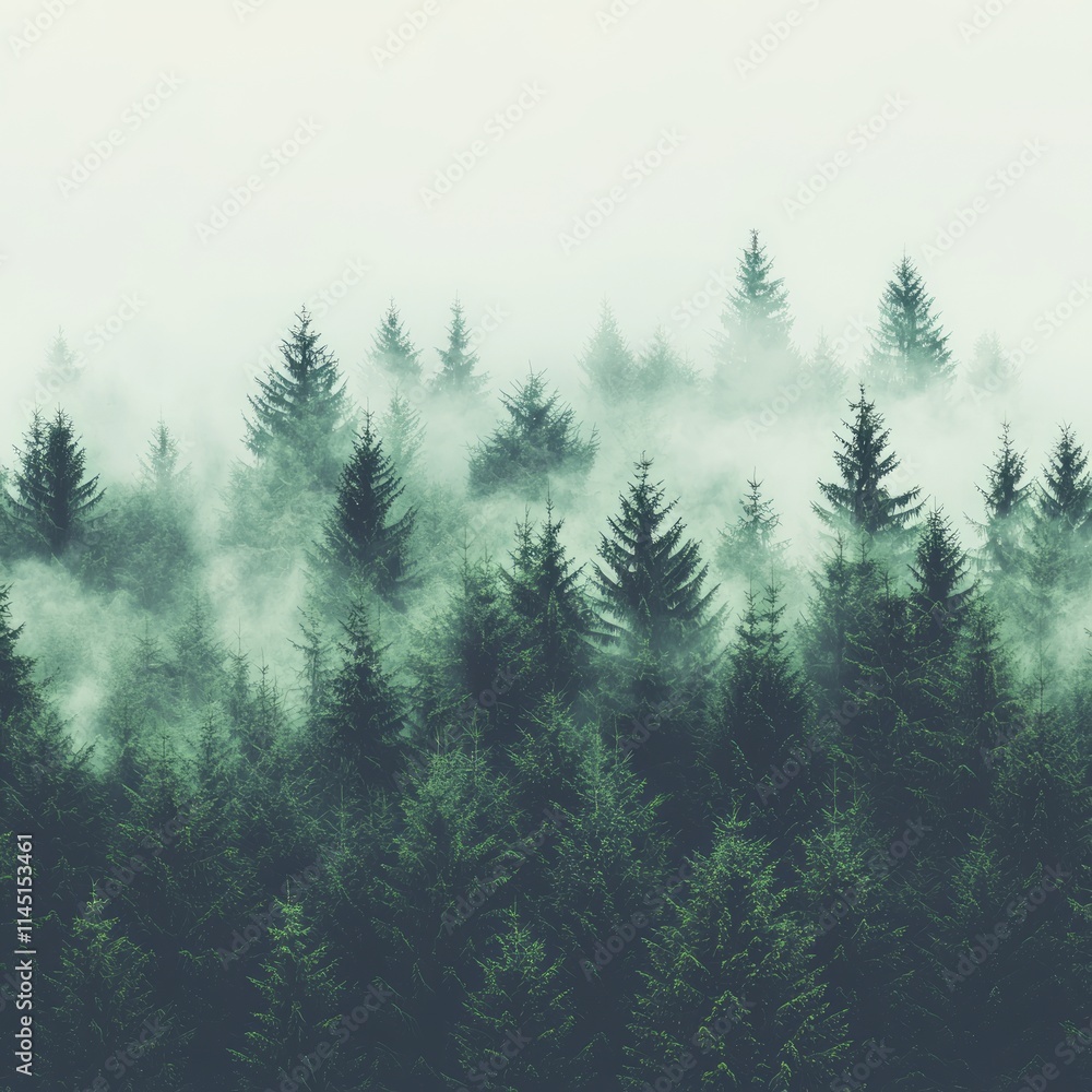 Misty forest landscape with dense evergreen trees and fog. Misty forest landscape with dense evergreen trees and fog.