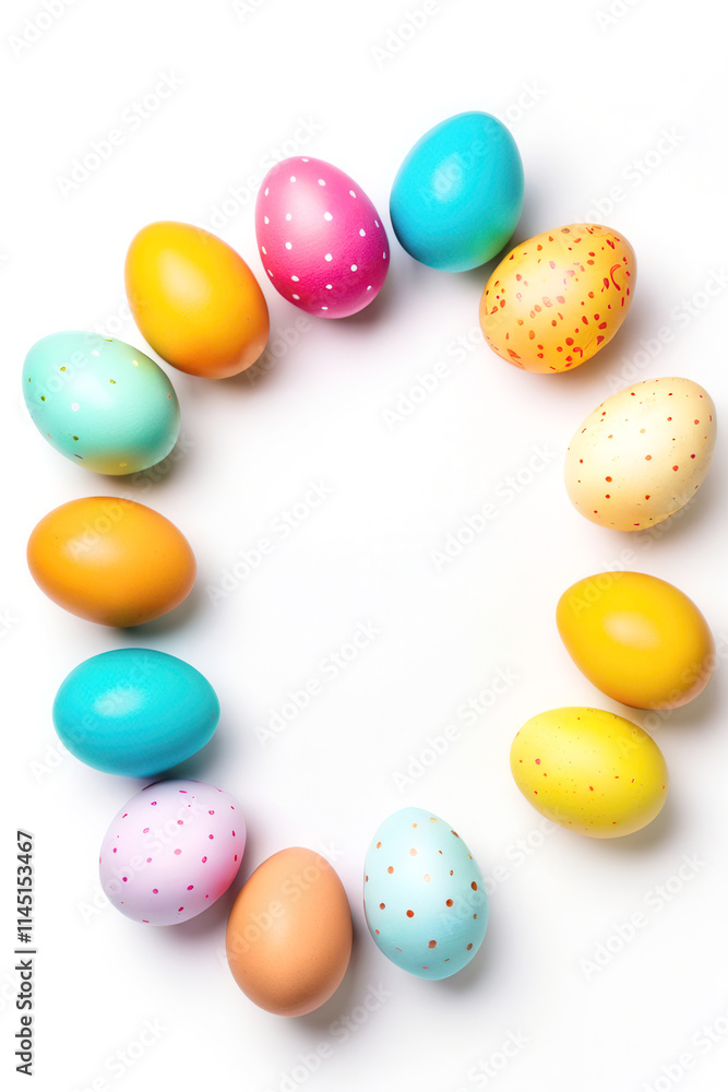 Bright and colorful Easter eggs on a white background. Perfect for festive and holiday-themed designs Bright and colorful Easter eggs on a white background. Perfect for festive and holiday-themed designs