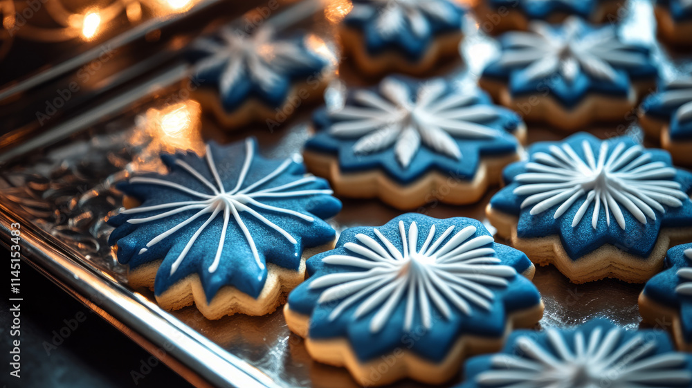 Decorated blue and white star-shaped cookies on tray. Decorated blue and white star-shaped cookies on tray.