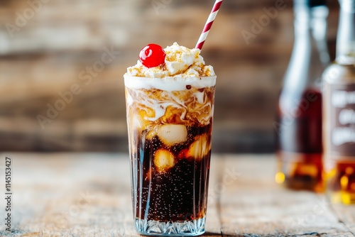tall glass of dirty soda with swirls of cream blending into a dark cola base, topped with crushed ice and a maraschino cherry, served with a striped straw