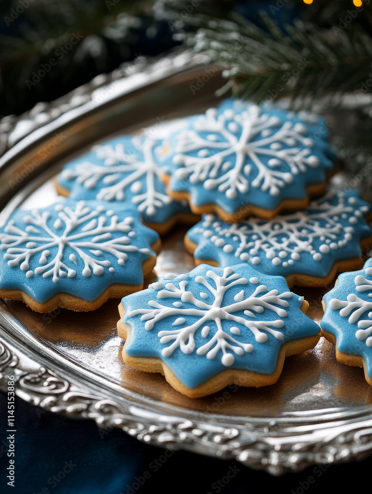 Decorative snowflake cookies on a silver platter.