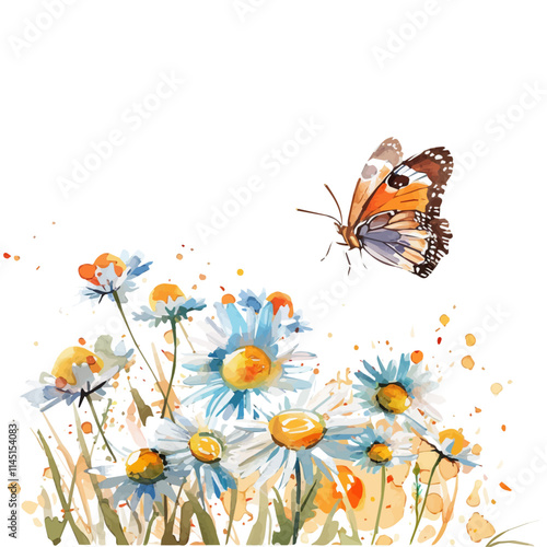 A watercolor illustration of a butterfly flying over a field of daisies, isolated on a white background. Butterfly flying over a field of daisies vector.
