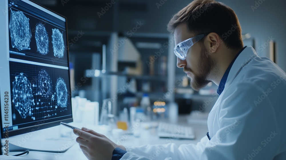 Research scientist analyzing data in a laboratory setting during late evening hours Research scientist analyzing data in a laboratory setting during late evening hours
