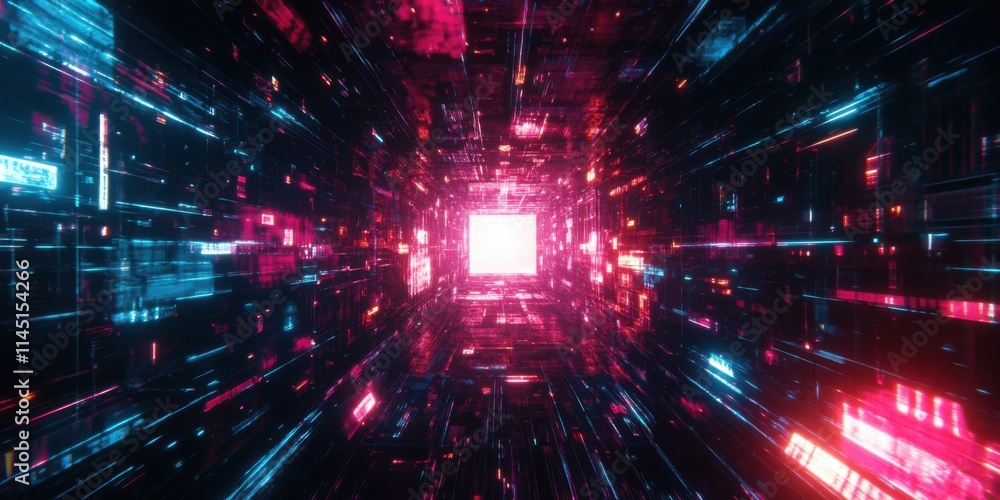 Obraz premium Futuristic glowing neon rectangular frame with glitch effects, surrounded by a deep black background