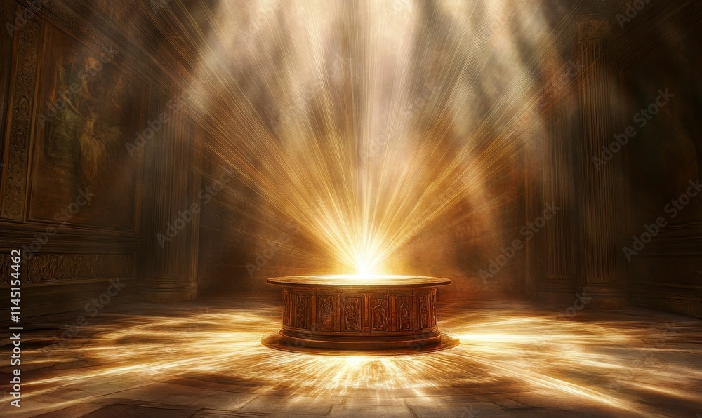 Obraz premium Ornate pedestal, radiant light, ancient chamber.