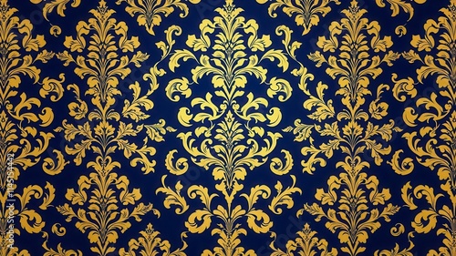 Intricate damask seamless vector pattern design in elegant hues of gold and navy blue, backdrop, luxurious