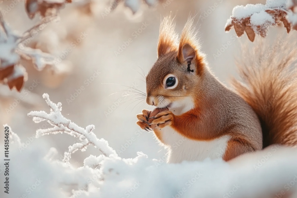 Squirrel foraging in snowy landscape during winter season Squirrel foraging in snowy landscape during winter season