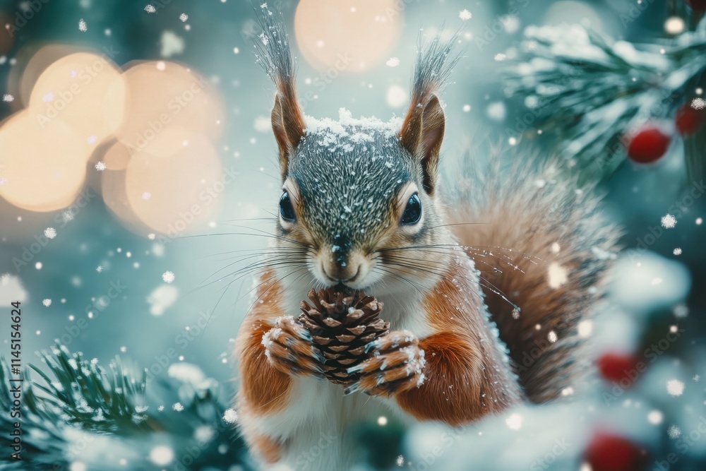 Obraz premium Squirrel juggles pine cone among snow-covered trees during winter