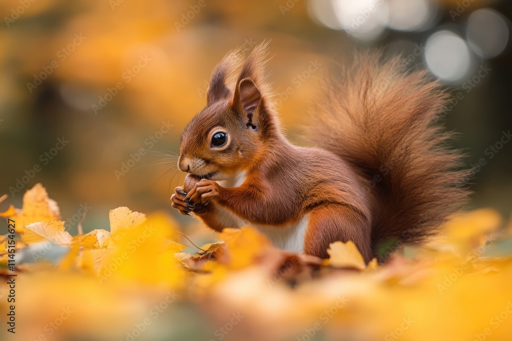 Obraz premium Squirrel forages in a vibrant autumn landscape with fallen leaves