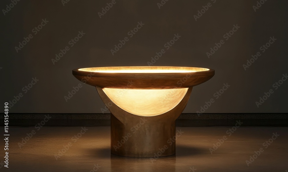 Illuminated metallic bowl, pedestal base, dark room. Illuminated metallic bowl, pedestal base, dark room.
