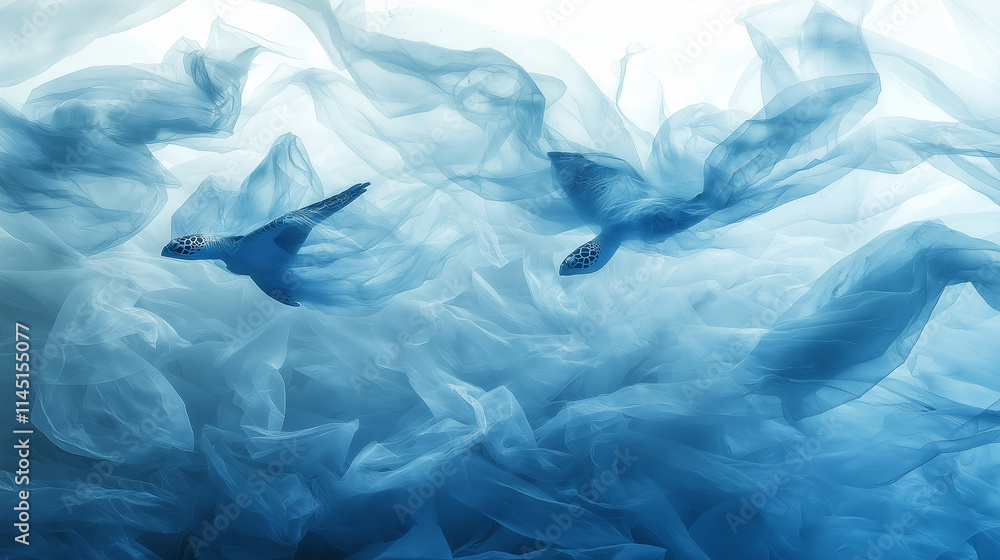 Plastic Bags Floating in the Ocean. A collage of discarded plastic bags drifting in the water, merging with marine life like fish, turtles, and coral, symbolizing the impact of pla Plastic Bags Floating in the Ocean. A collage of discarded plastic bags drifting in the water, merging with marine life like fish, turtles, and coral, symbolizing the impact of pla