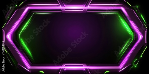 Futuristic neon hexagonal frame in neon purple and bright green, glowing softly against a black canvas