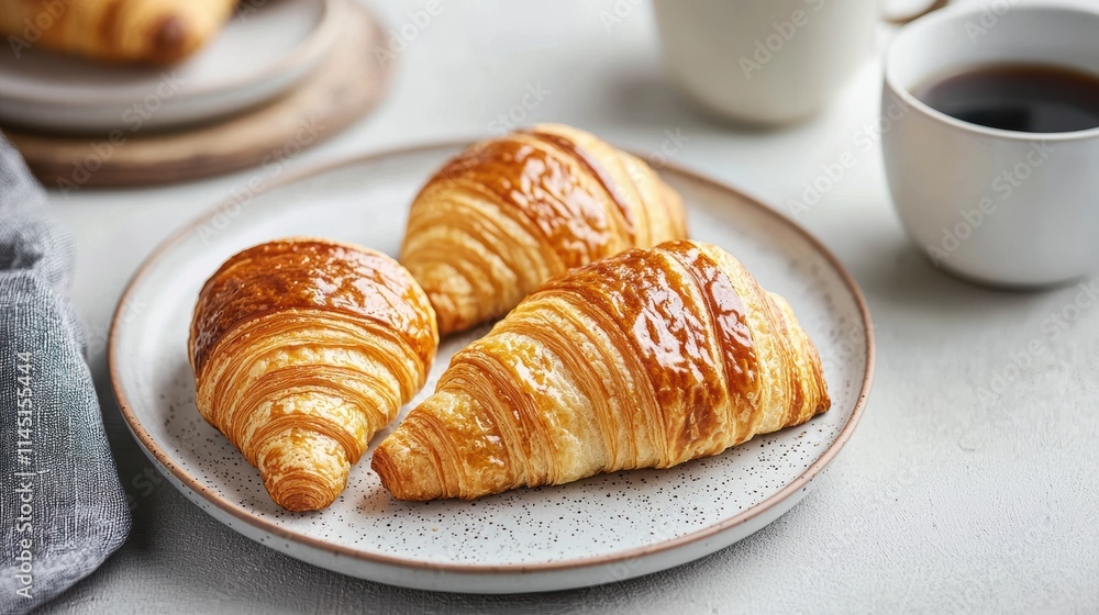 Freshly baked croissants resting on a plate in a cozy bakery setting with coffee Freshly baked croissants resting on a plate in a cozy bakery setting with coffee