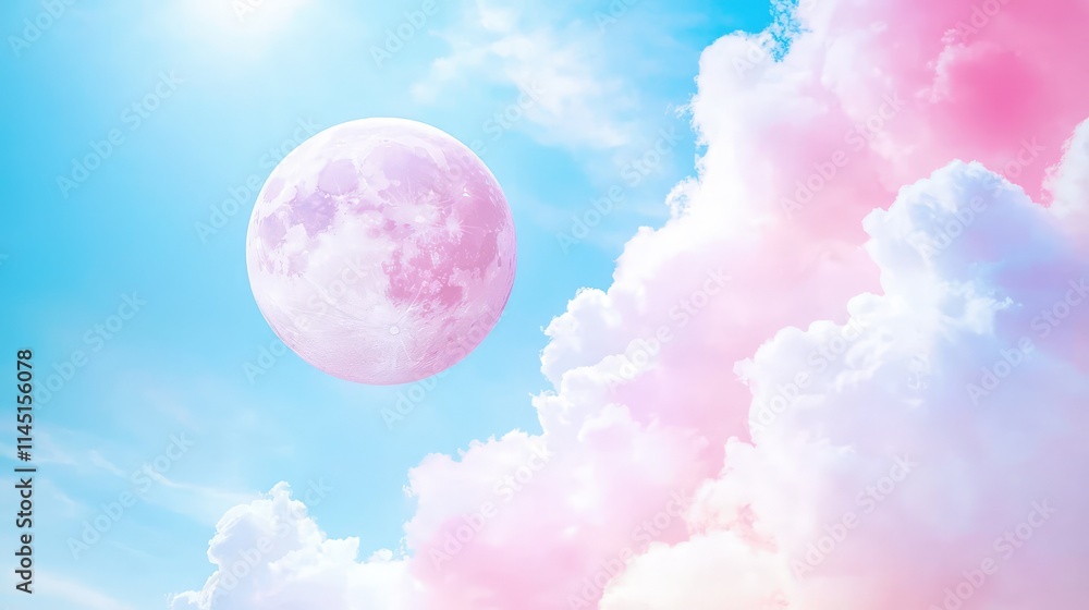 Pink full moon in pastel sky with fluffy clouds. Pink full moon in pastel sky with fluffy clouds.