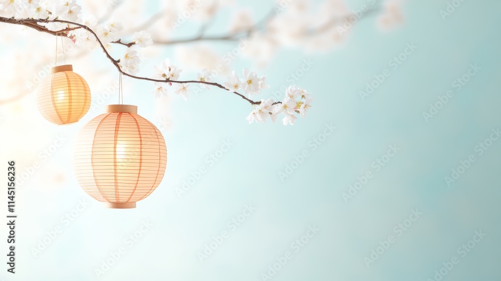 Cherry Blossoms with a Paper Lantern in a Minimalist Spring Scene Cherry Blossoms with a Paper Lantern in a Minimalist Spring Scene