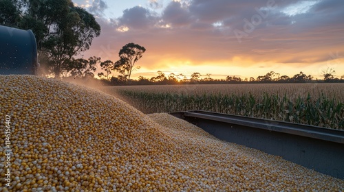 Crates of harvested corn are being loaded onto a truck trailer at dusk, with golden grain scattering in the breeze and a harvester behind photo