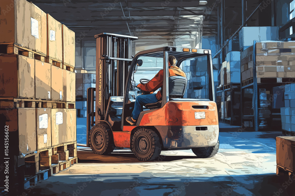 Manual worker skillfully operating a forklift in a busy warehouse setting Manual worker skillfully operating a forklift in a busy warehouse setting