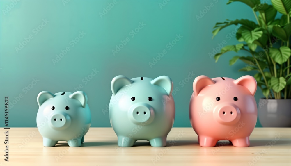 Three piggy banks of different sizes stand on light brown wooden surface. Piggy banks light teal, light mint green, light pink. Piggy banks represent different stages of saving. Teal piggy bank Three piggy banks of different sizes stand on light brown wooden surface. Piggy banks light teal, light mint green, light pink. Piggy banks represent different stages of saving. Teal piggy bank