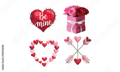 A delightful collection of Valentines Day designs featuring a heart with "Be Mine" text, a rose bouquet gift box, a heart wreath, and crossed heart-shaped arrows.