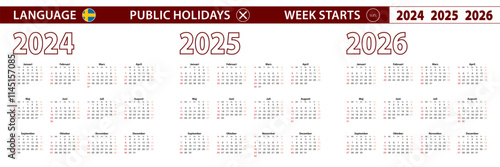 2024, 2025, 2026 year vector calendar in Swedish language, week starts on Sunday.