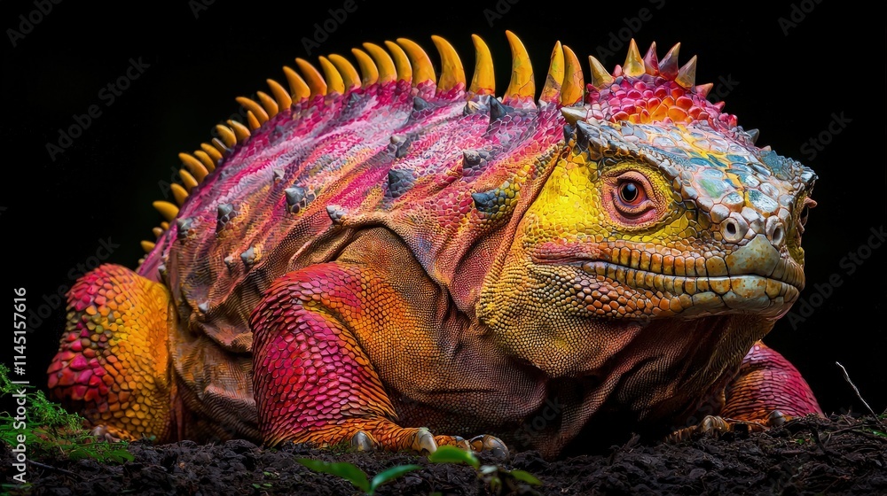 Obraz premium Vibrant fantasy lizard creature with colorful scales and yellow spikes resting on dark soil, 3D digital illustration.