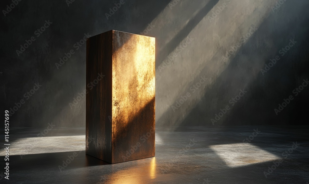 Metallic cube, dark room, sunlit floor. Metallic cube, dark room, sunlit floor.