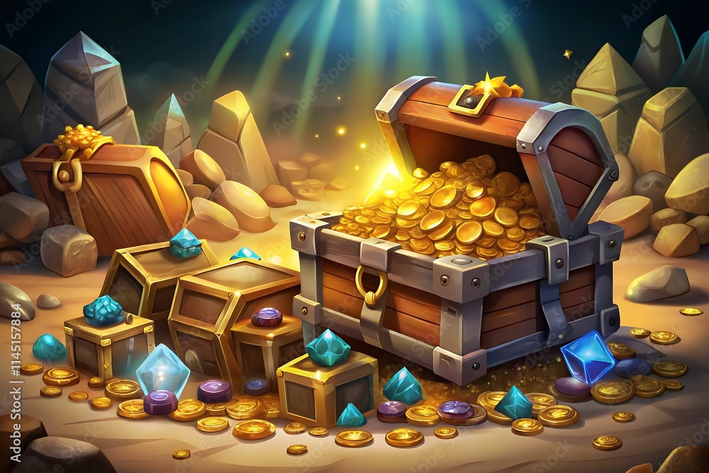 Treasure chest and piles of gold set isolated on white background. Vector cartoon illustration of golden coins, color gemstones, royal crown, old sabre and wooden box, jewelry cave or treasury assets Treasure chest and piles of gold set isolated on white background. Vector cartoon illustration of golden coins, color gemstones, royal crown, old sabre and wooden box, jewelry cave or treasury assets