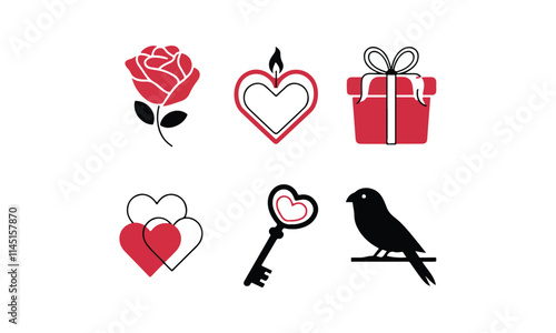 A vector illustration of six modern, minimalist Valentine's Day icons.