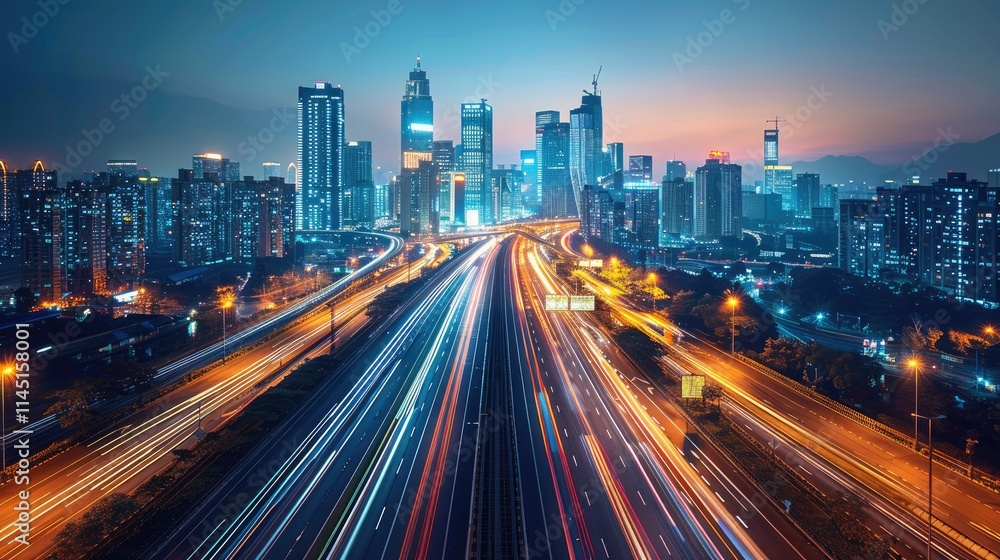 A vibrant city skyline at dusk with light trails from busy traffic on a highway. A vibrant city skyline at dusk with light trails from busy traffic on a highway.
