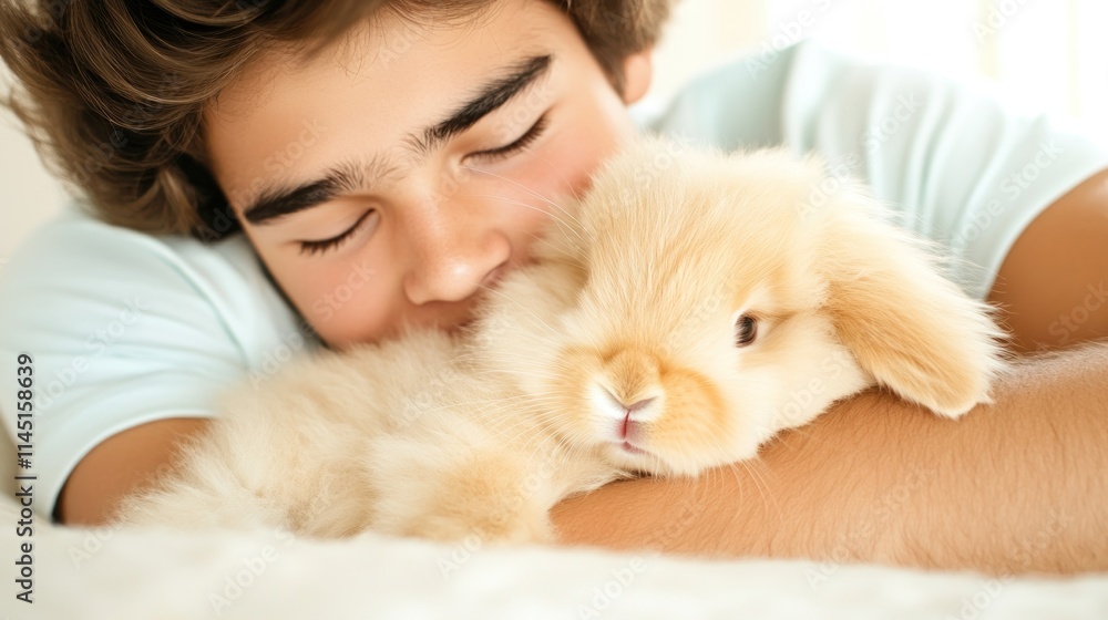 A young person cuddles a fluffy bunny, showcasing a moment of affection and joy. A young person cuddles a fluffy bunny, showcasing a moment of affection and joy.