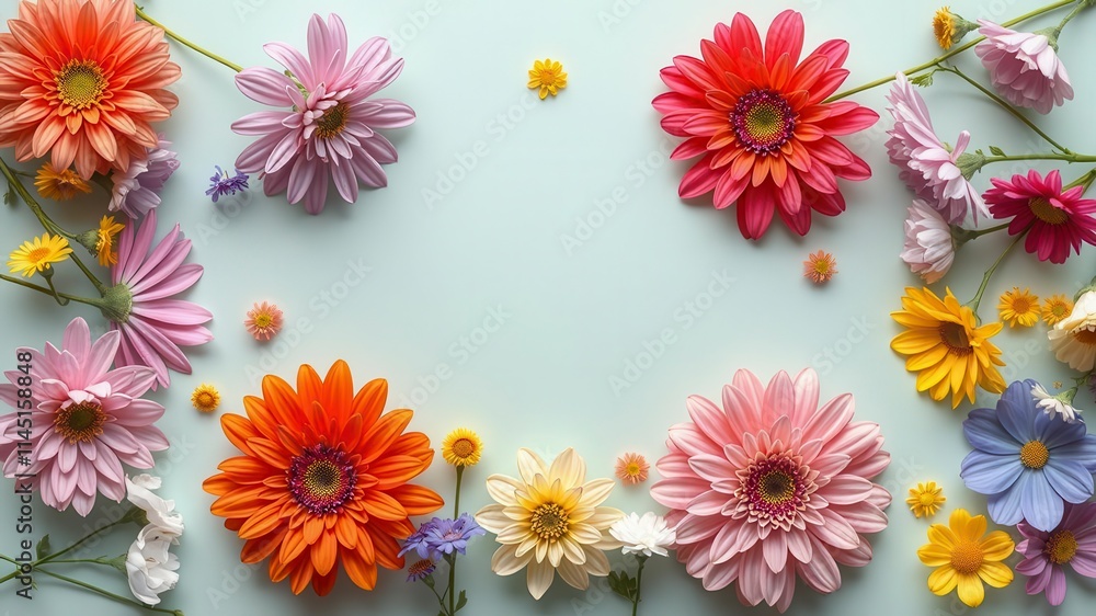 Vibrant spring flowers in full bloom scattered on a textured paper background, decorative, artistic Vibrant spring flowers in full bloom scattered on a textured paper background, decorative, artistic