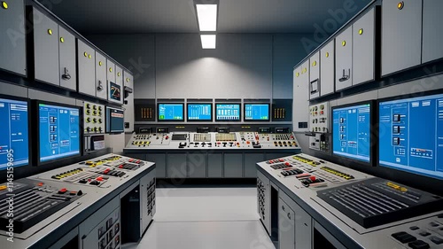 Modern Control Room with Multiple Monitors, Keyboards, and Panels for System Monitoring and Industrial Operations

 photo