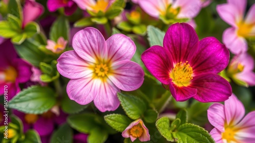 Vibrant purple flower petals and leaves in a close-up shot, summer, detail