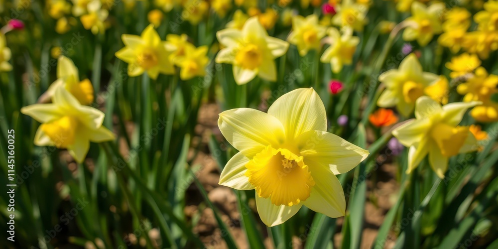 Vibrant yellow daffodil flowers blooming in a lush green field, daffodil, garden, beauty Vibrant yellow daffodil flowers blooming in a lush green field, daffodil, garden, beauty