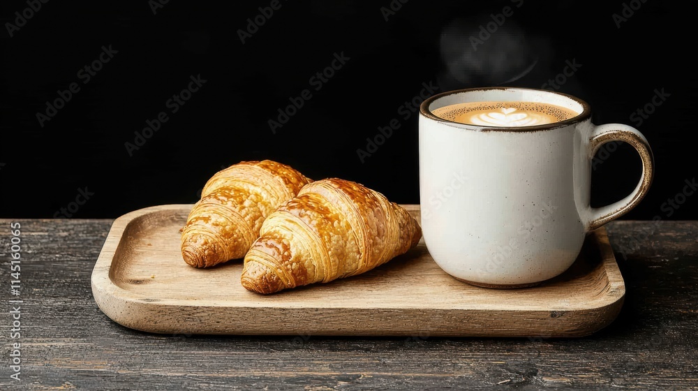 Steaming espresso and gourmet croissants creating coffee shop ambiance on rustic wooden tray Steaming espresso and gourmet croissants creating coffee shop ambiance on rustic wooden tray
