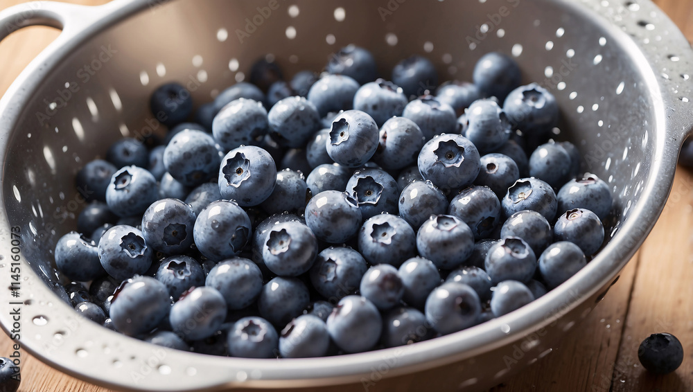 Fresh Blueberries in Colander with Water Droplets Fresh Blueberries in Colander with Water Droplets